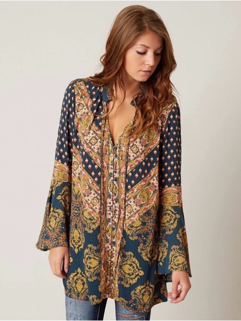 Free People V-Neck Boho Blouse - Navy and Mustard